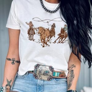 White Retro Cowboy Roping Cotton Blend Graphic Tee