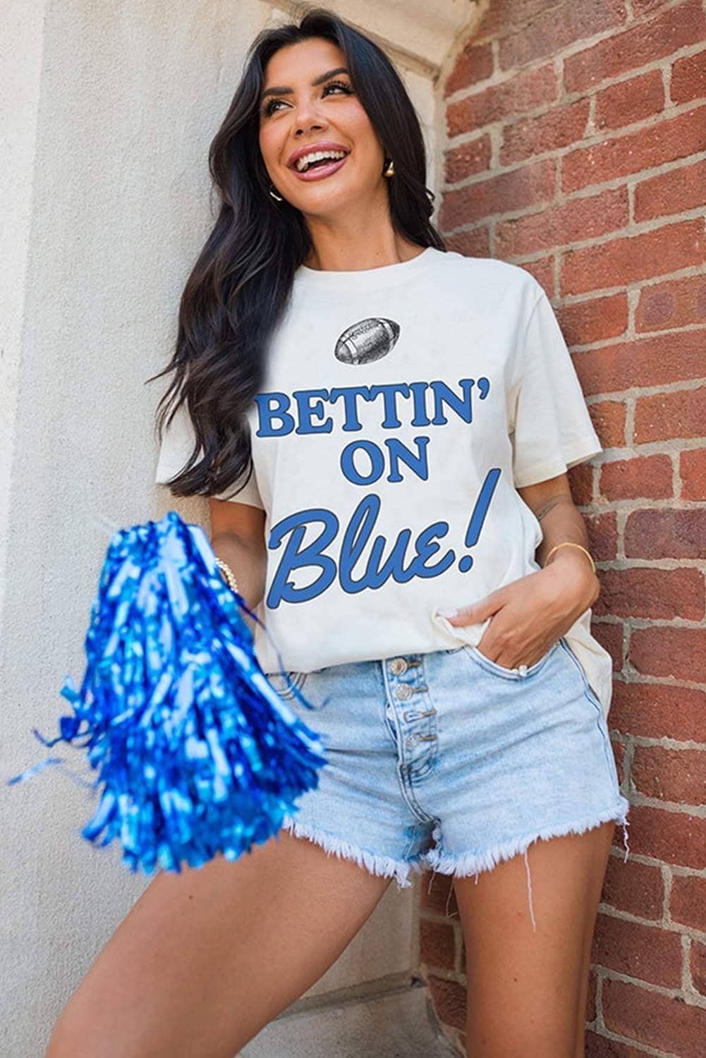 White Rugby Football Bettin On Blue Graphic Crewneck T Shirt