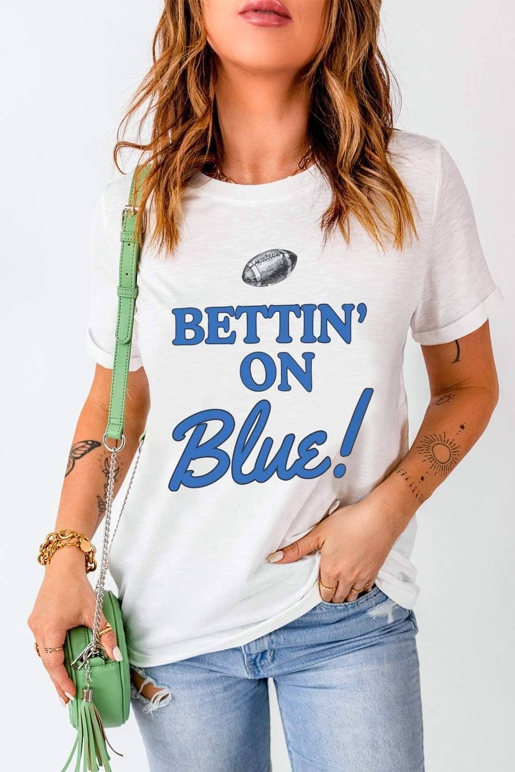 White Rugby Football Bettin On Blue Graphic Crewneck T Shirt