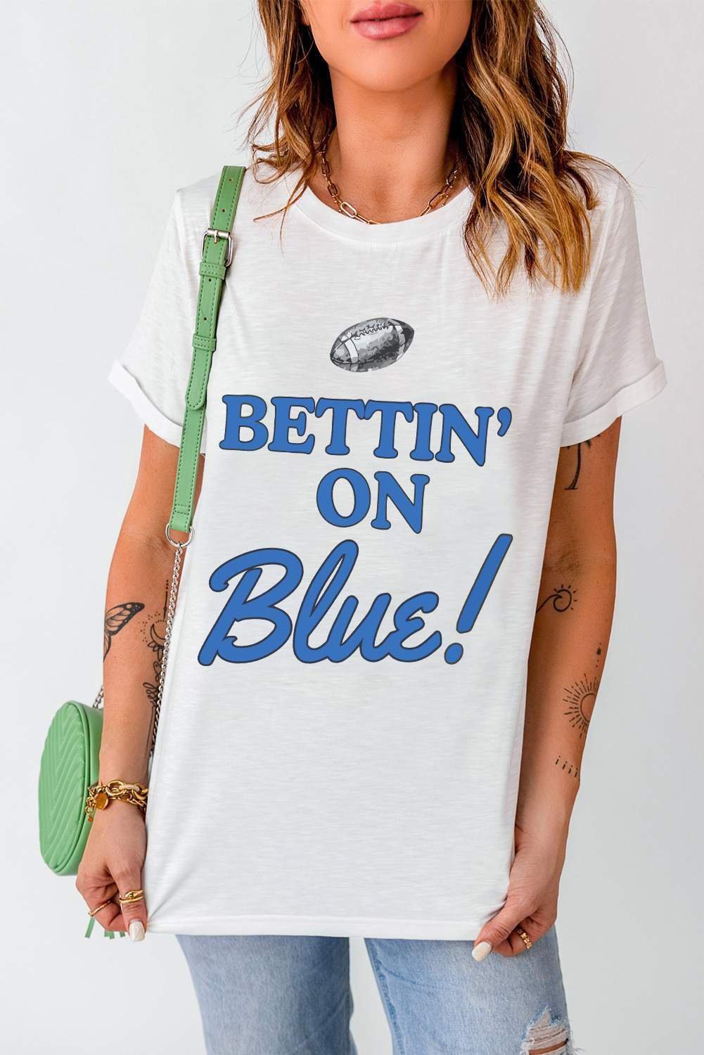 White Rugby Football Bettin On Blue Graphic Crewneck T Shirt