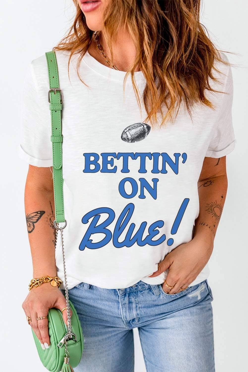 White Rugby Football Bettin On Blue Graphic Crewneck T Shirt