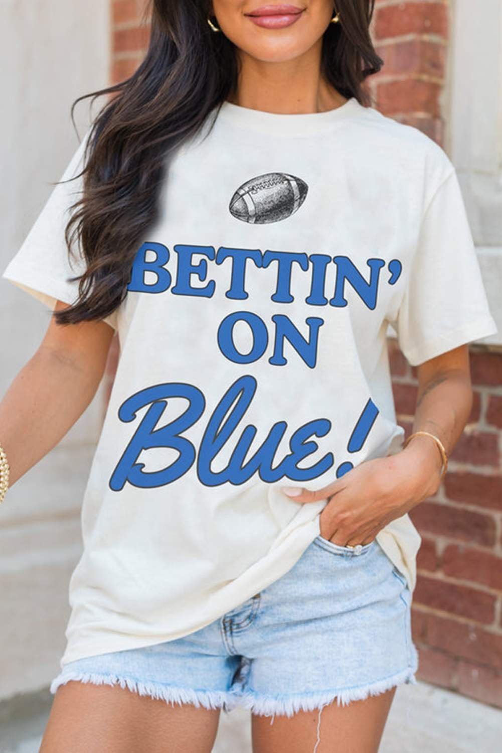 White Rugby Football Bettin On Blue Graphic Crewneck T Shirt