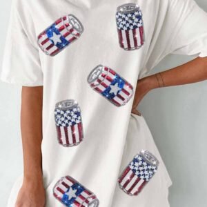 White Sequin American Flag Can Oversized Graphic Tee