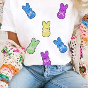 White Sequin Bow Bunny Doll Patched Easter Graphic Tee