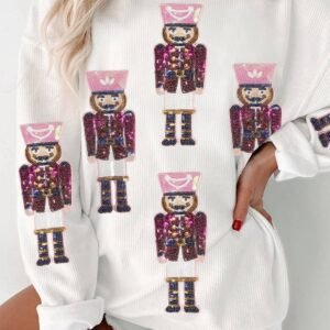 White Sequin Nutcracker Graphic Christmas Fashion Corded Sweatshirt
