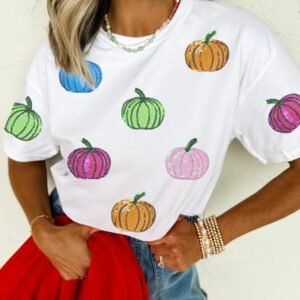 White Sequin Pumpkin Patched Cotton Blend T Shirt