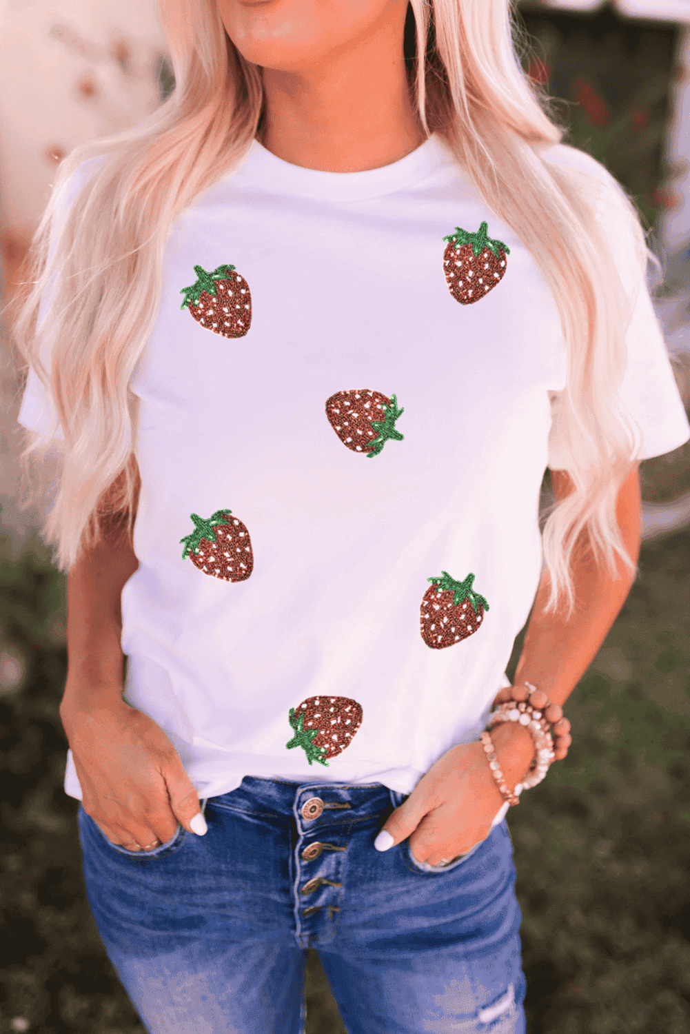 White Sequin Strawberry Patched Crew Neck T Shirt