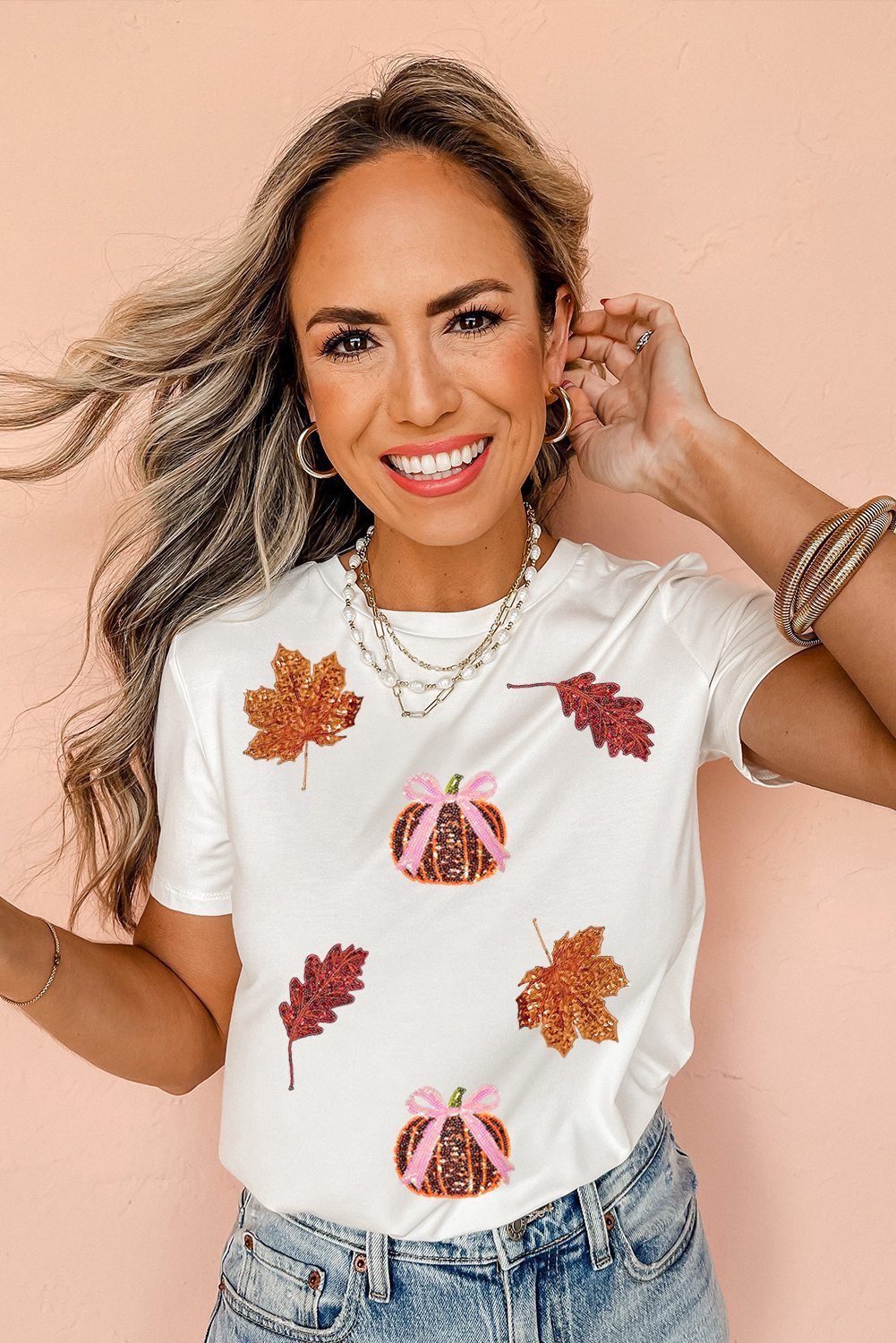White Sequined Pumpkin Leaves Fall Vibe Graphic T Shirt