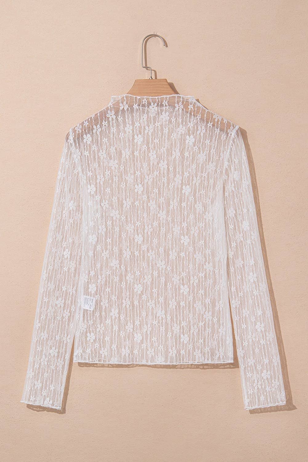 White Sheer Floral Lace Long Sleeve Slim Fit Top