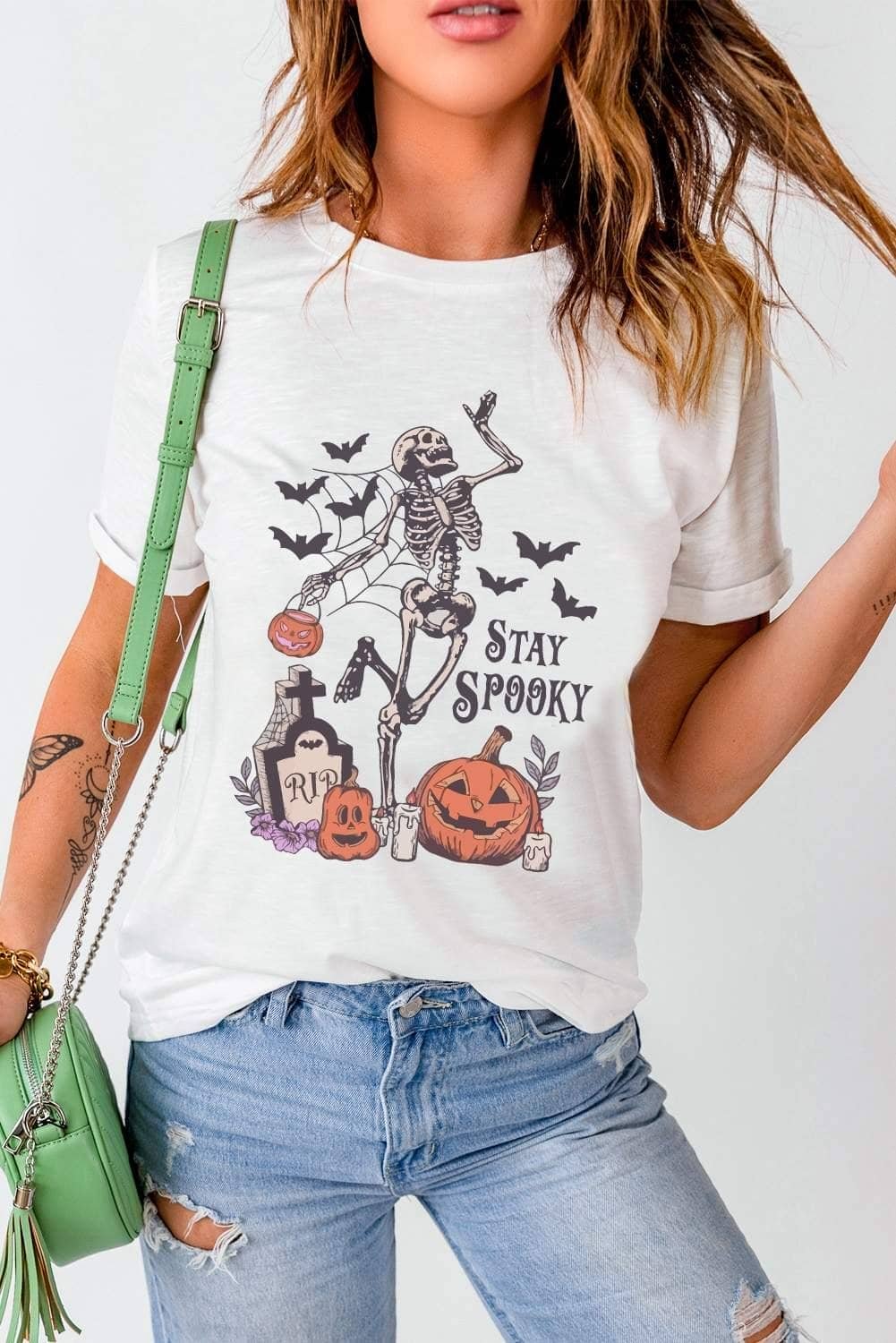 White Skull Pumpkin Face Stay Spooky Graphic Halloween T Shirt