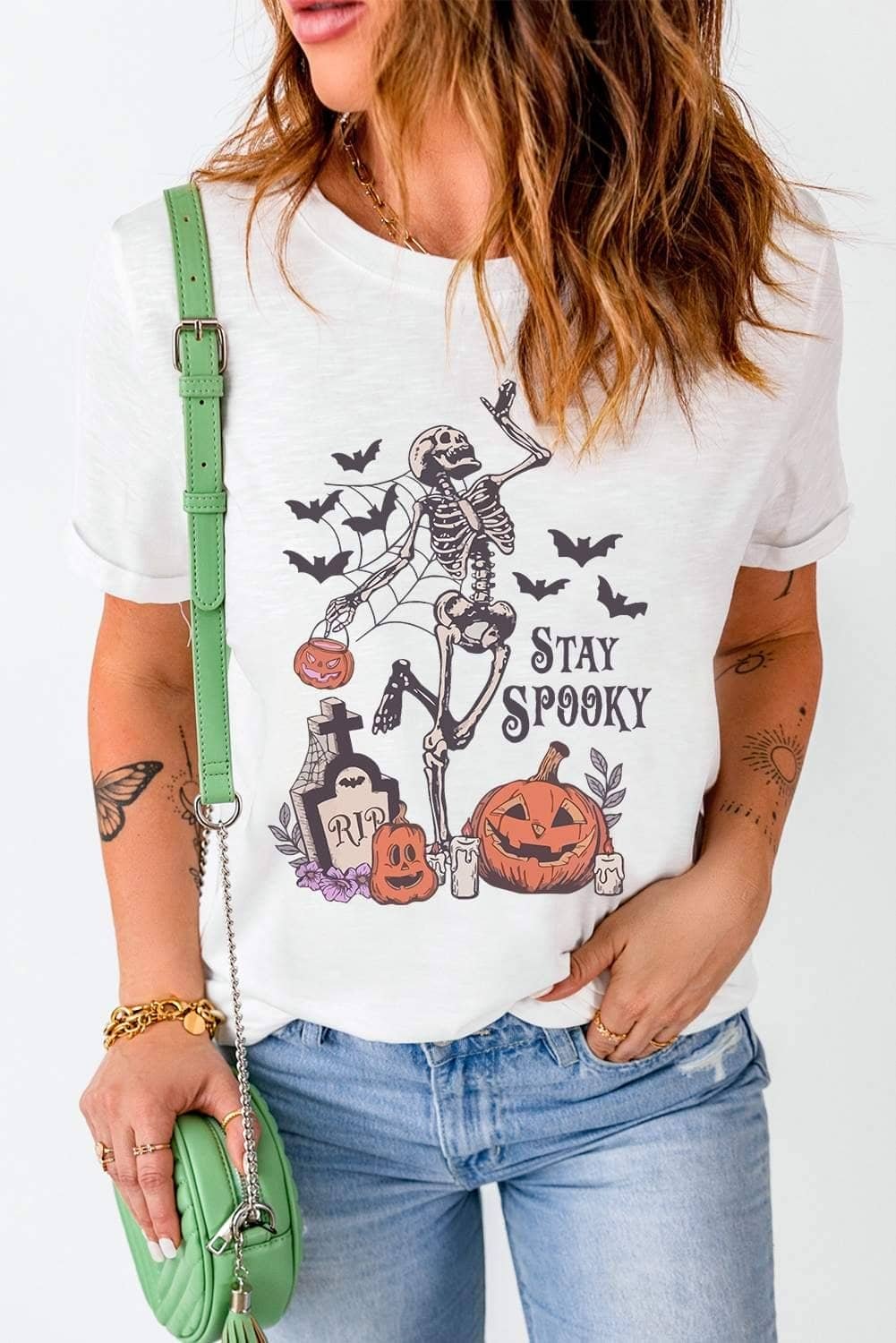 White Skull Pumpkin Face Stay Spooky Graphic Halloween T Shirt