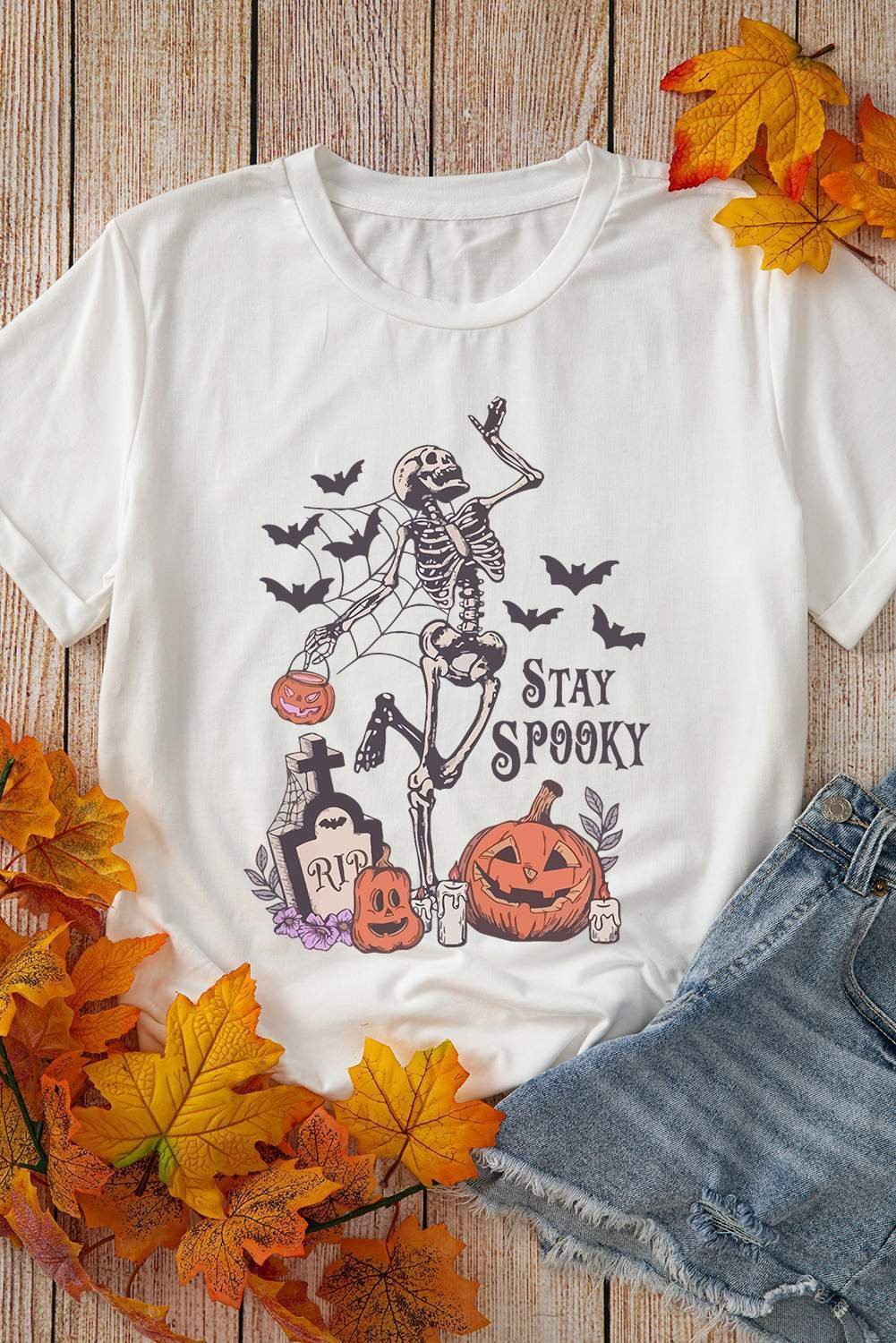 White Skull Pumpkin Face Stay Spooky Graphic Halloween T Shirt