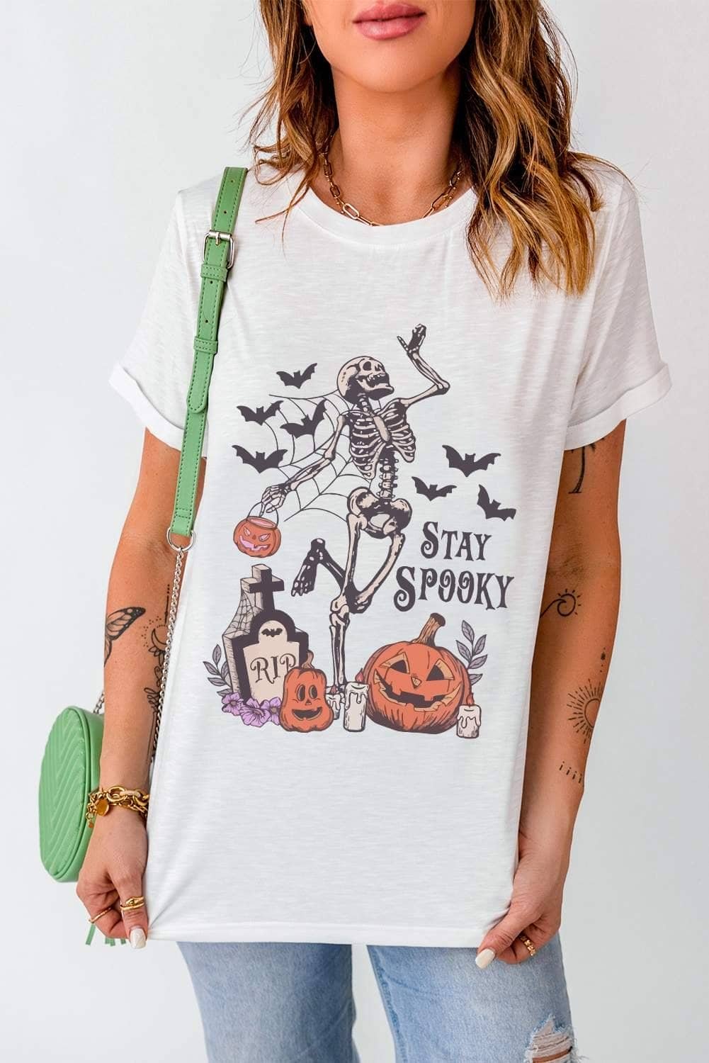 White Skull Pumpkin Face Stay Spooky Graphic Halloween T Shirt