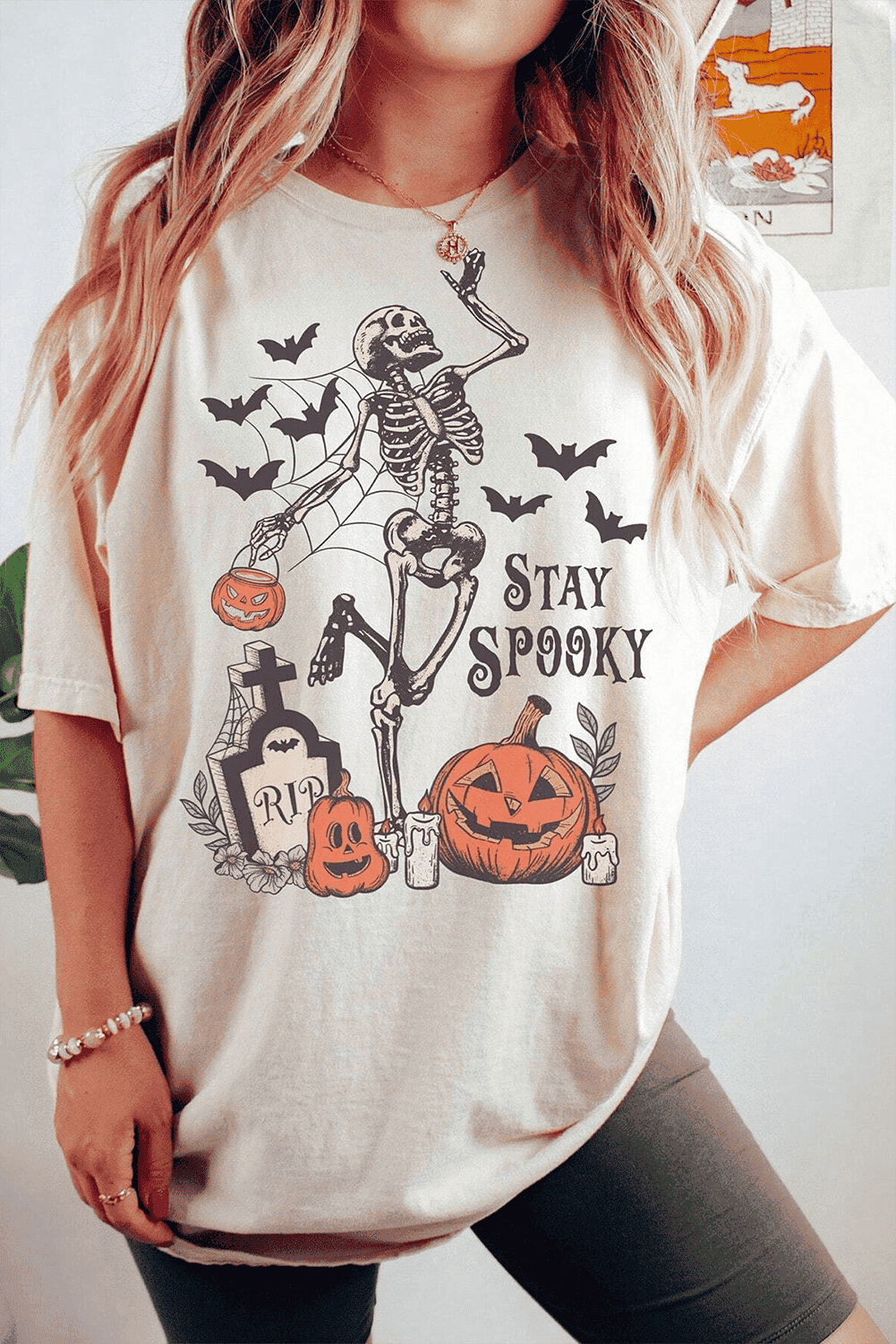 White Skull Pumpkin Face Stay Spooky Graphic Halloween T Shirt