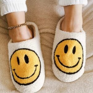 White Smile Face Print Non-Slip Plush Slippers