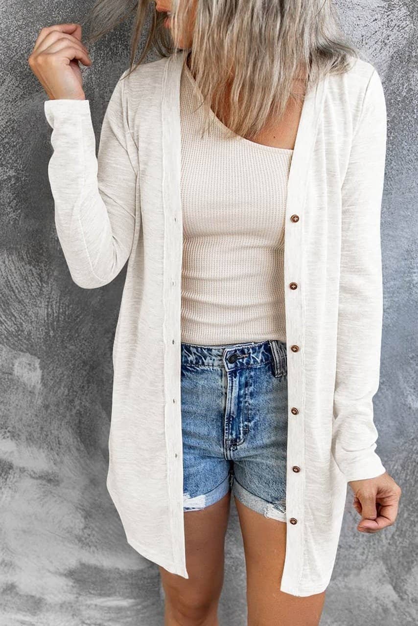 White Solid Color Open-Front Buttons Cardigan