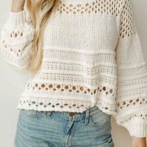 White Solid Color Pointelle Knit Puff Sleeve Sweater