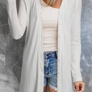 White Solid Color Ribbed Button Up Tunic Cardigan