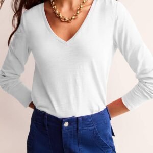 White Solid Color V Neck Long Sleeve Stretchy Top