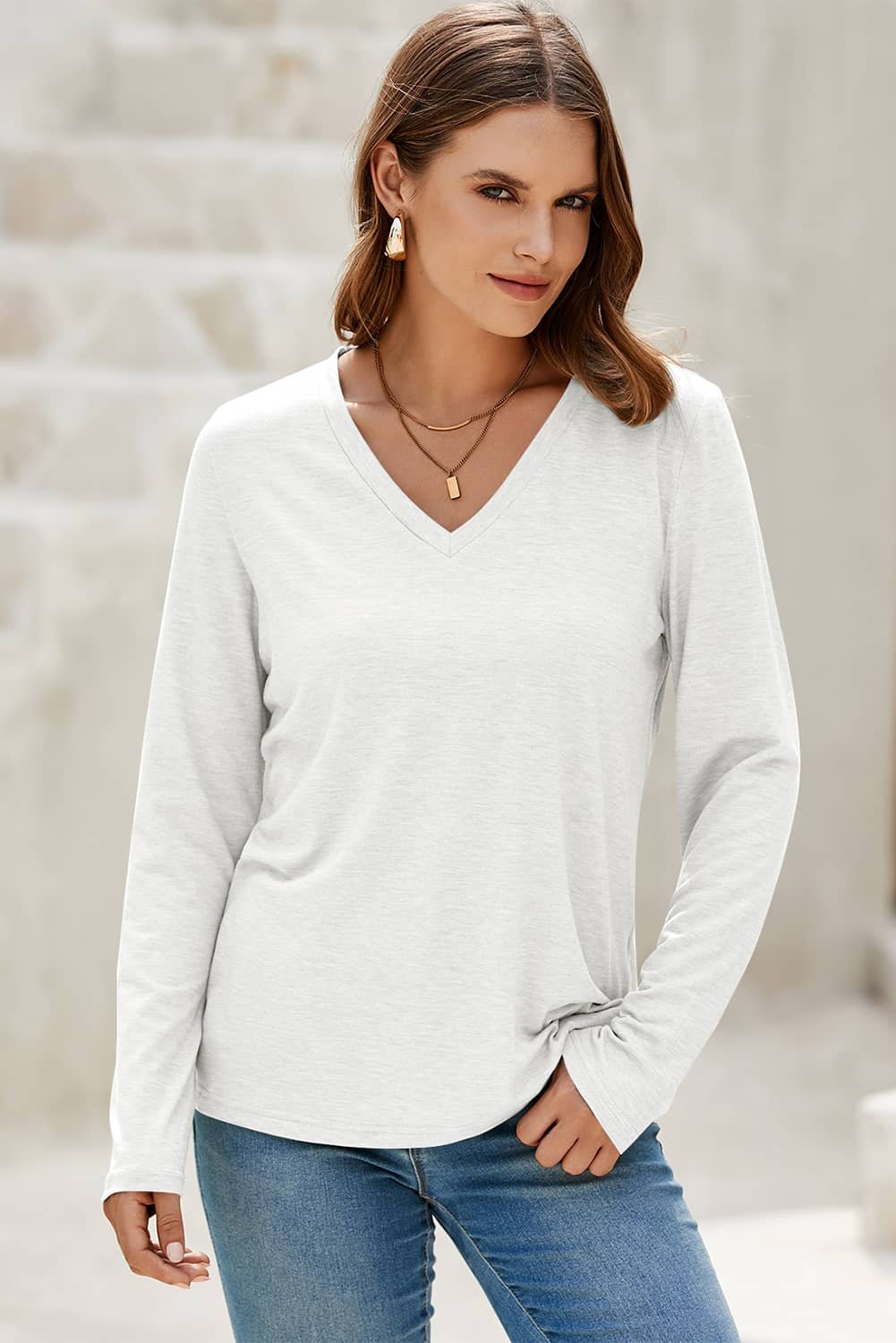 White Solid Color V Neck Long Sleeve Stretchy Top