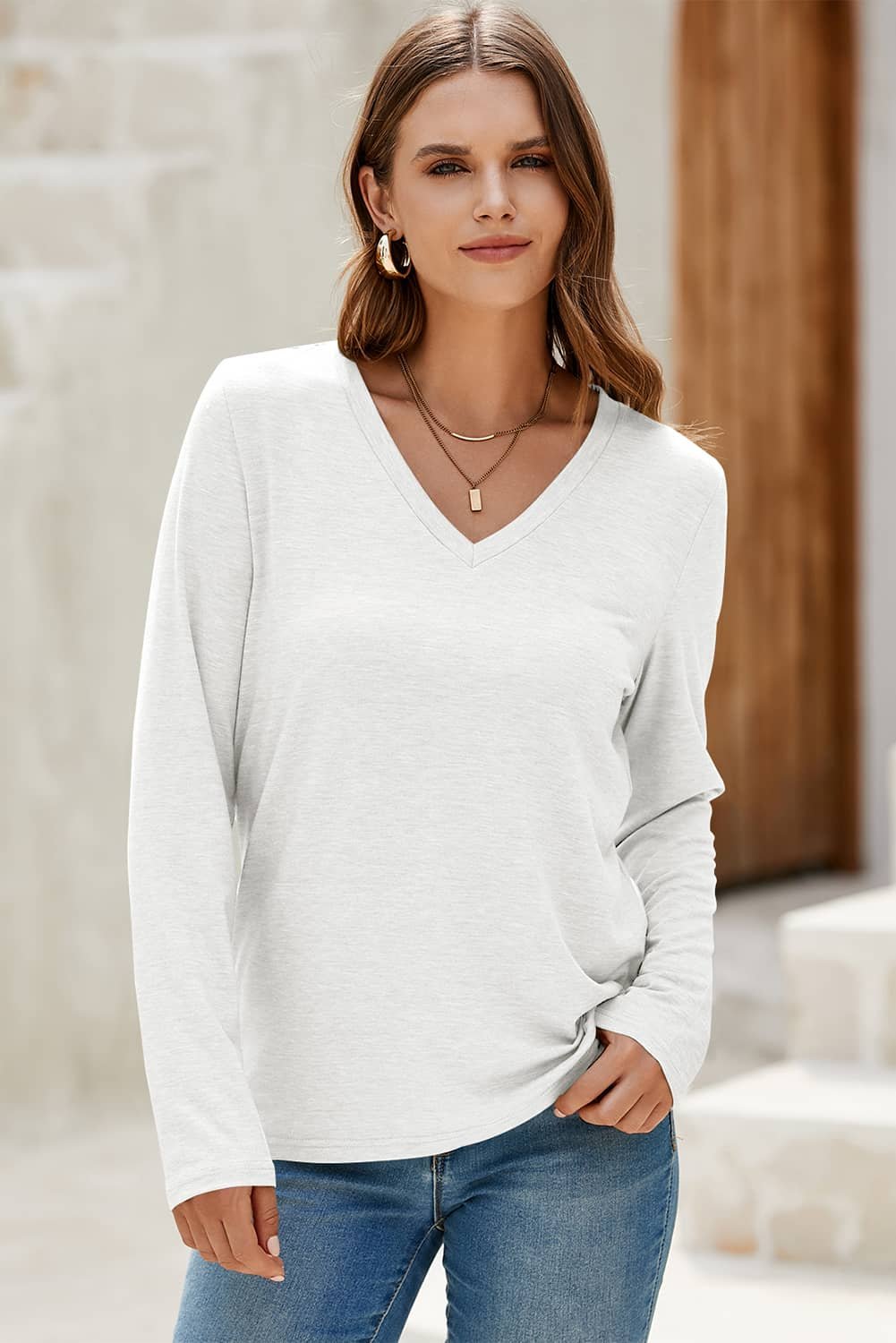 White Solid Color V Neck Long Sleeve Stretchy Top