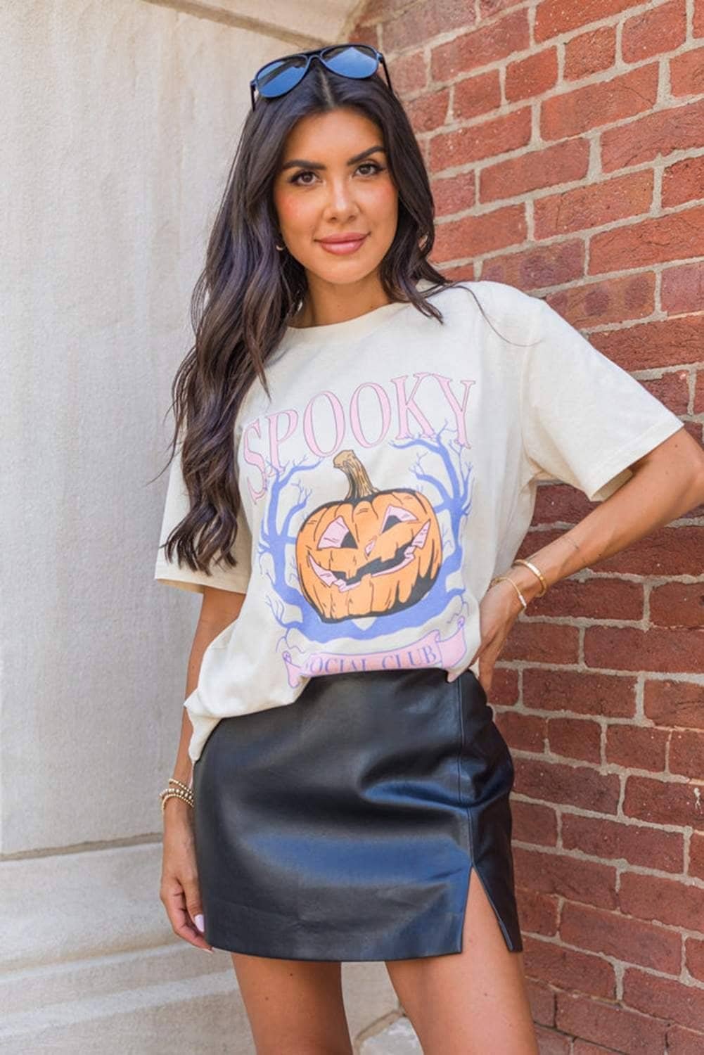 White Spooky Pumpkin Print Round Neck Halloween T Shirt