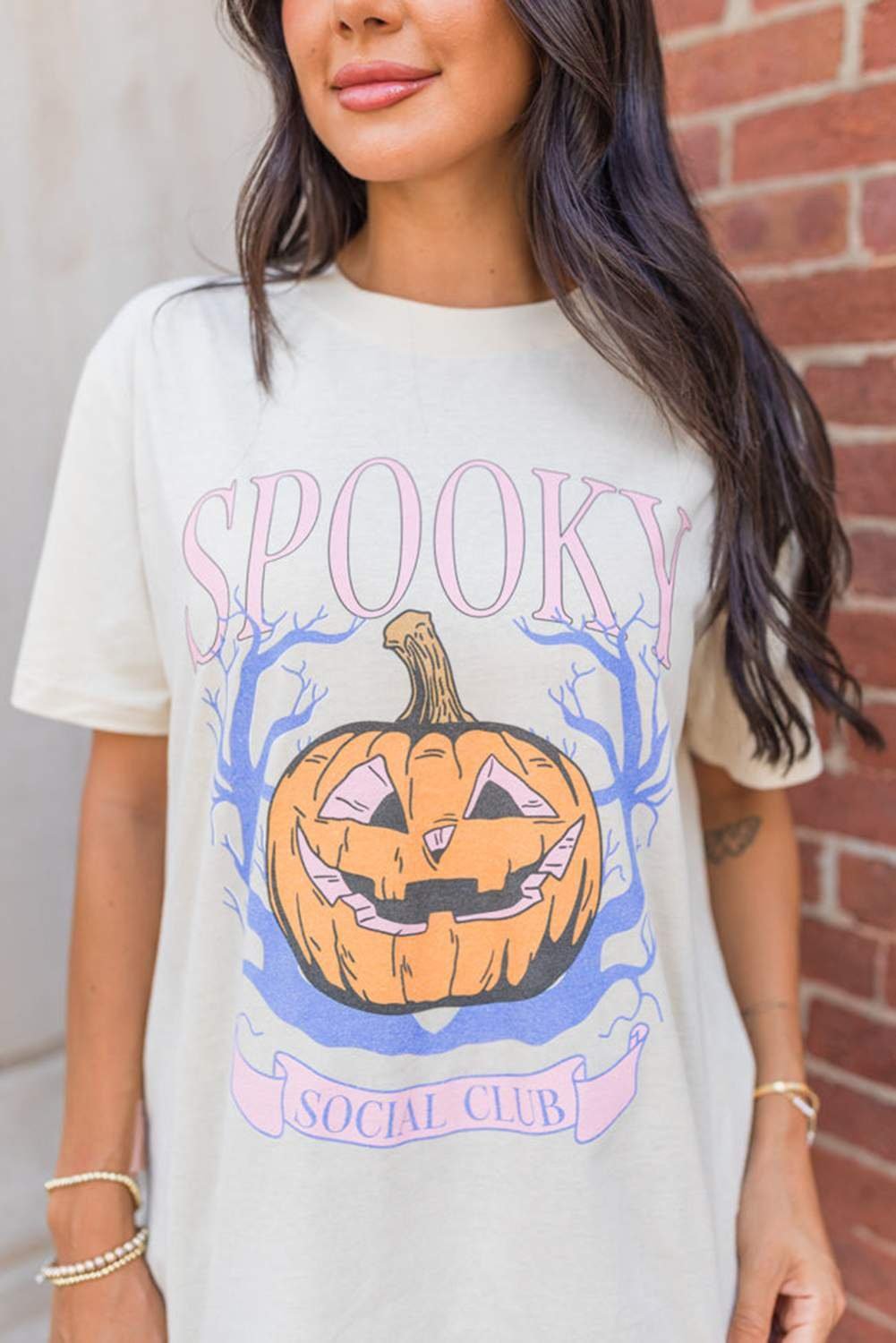 White Spooky Pumpkin Print Round Neck Halloween T Shirt