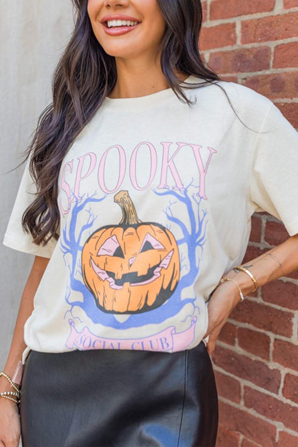 White Spooky Pumpkin Print Round Neck Halloween T Shirt