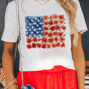 White Star Floral American Flag Printed T Shirt
