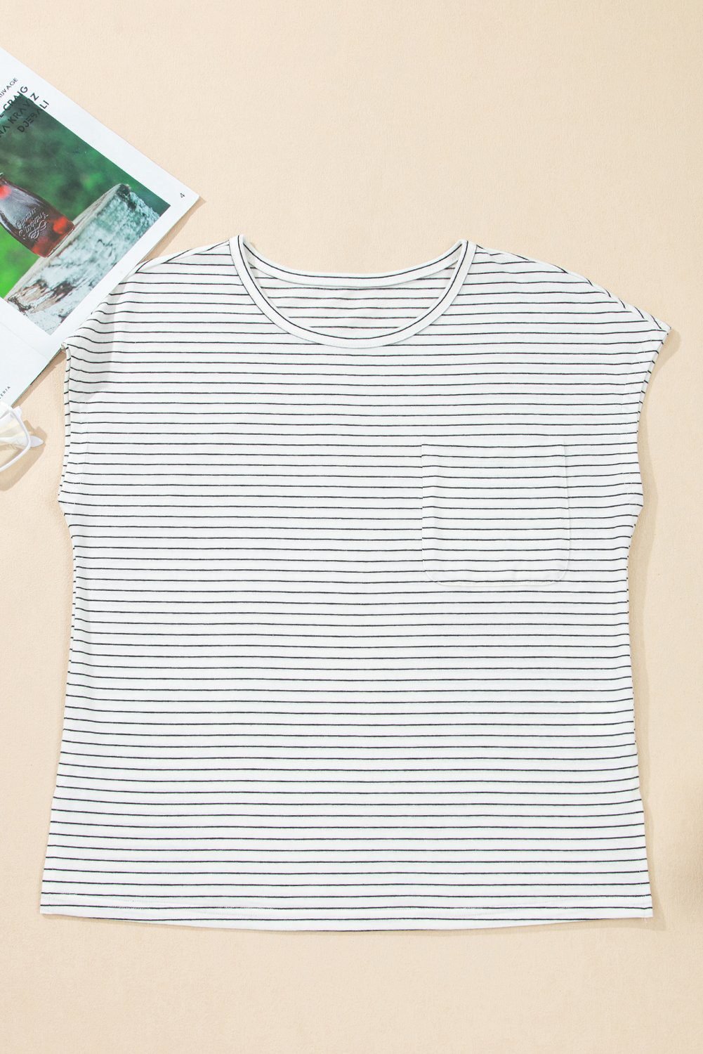 White Stripe Cap Sleeve Crew Neck Casual Tee With Chest Pocket