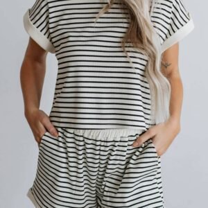 White Stripe Contrast Edge Tee And Shorts Set