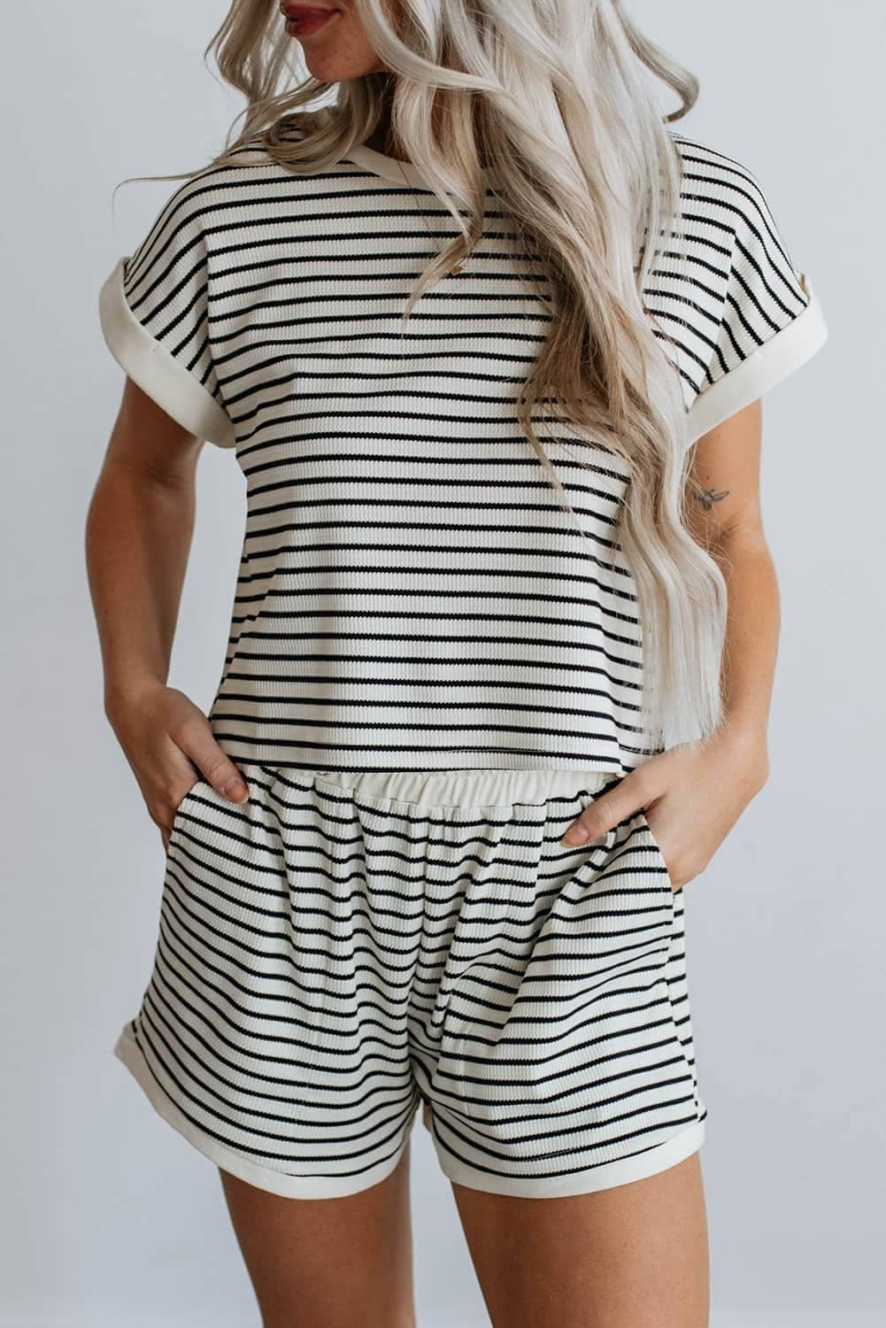 White Stripe Contrast Edge Tee And Shorts Set