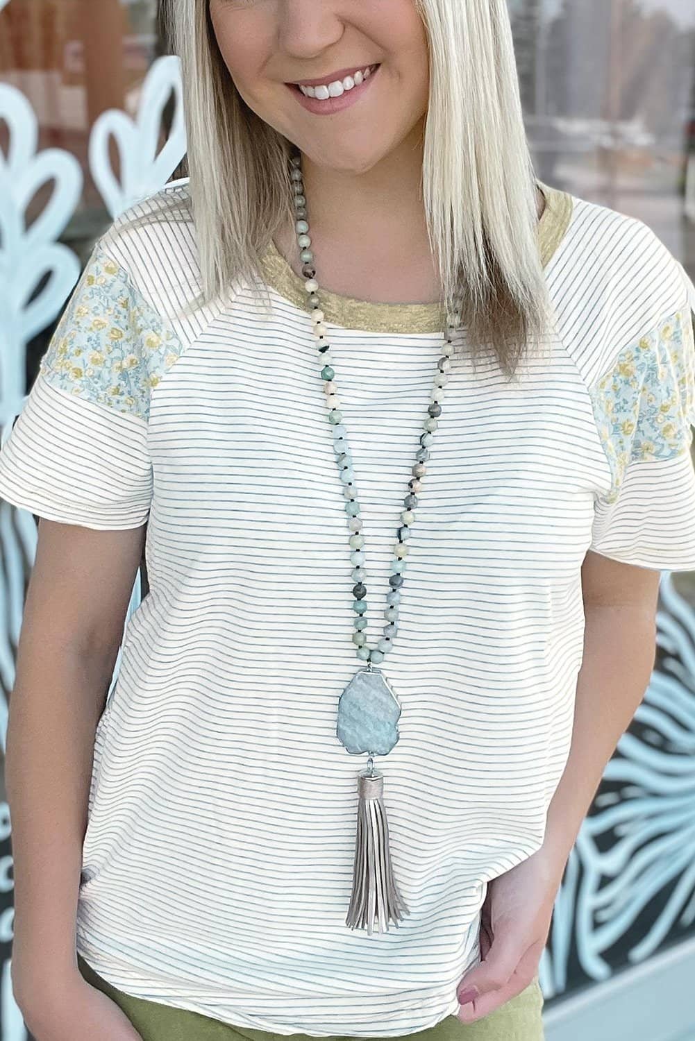 White Stripe Floral Insert Sleeves Contrast Round Neck Tee