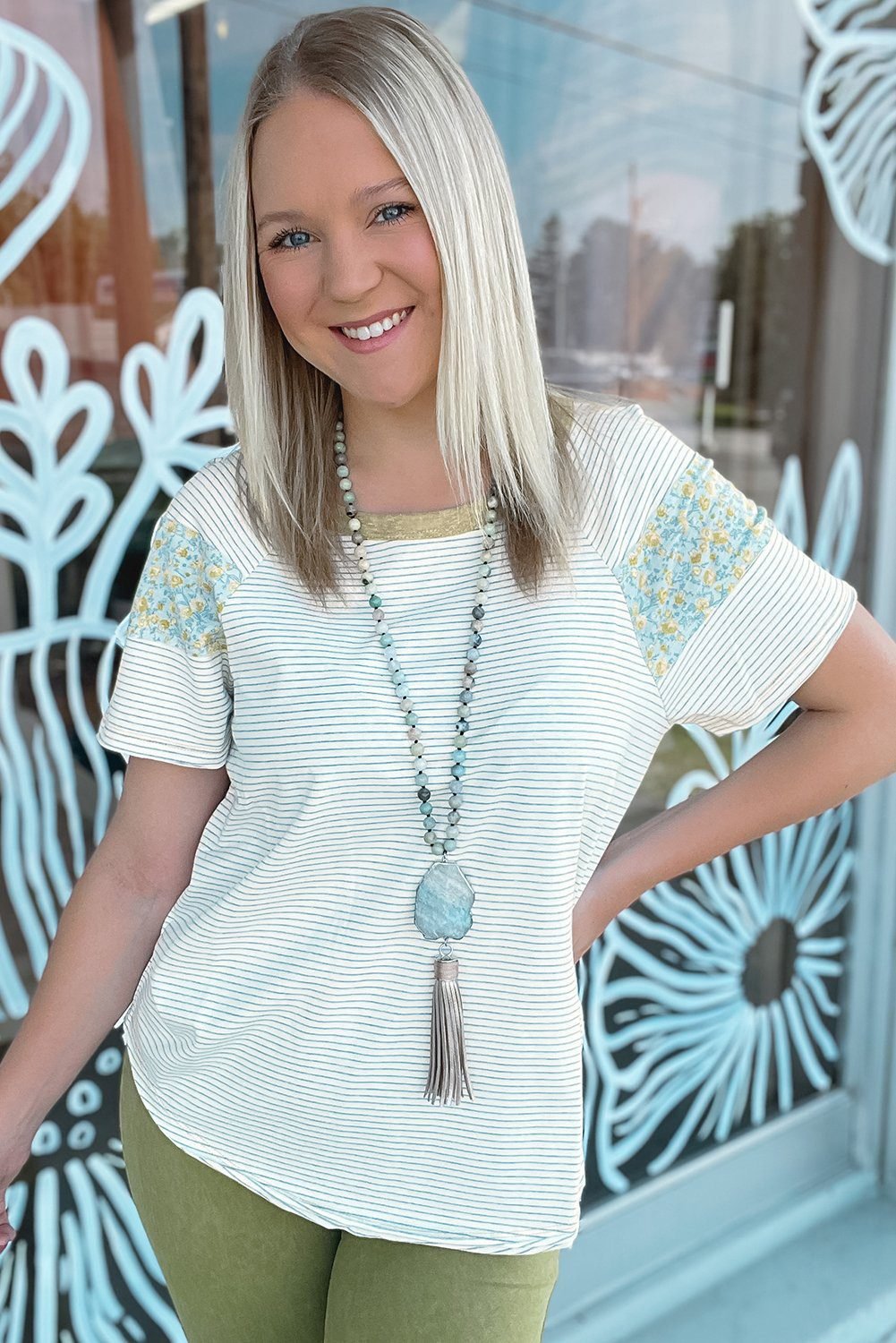 White Stripe Floral Insert Sleeves Contrast Round Neck Tee