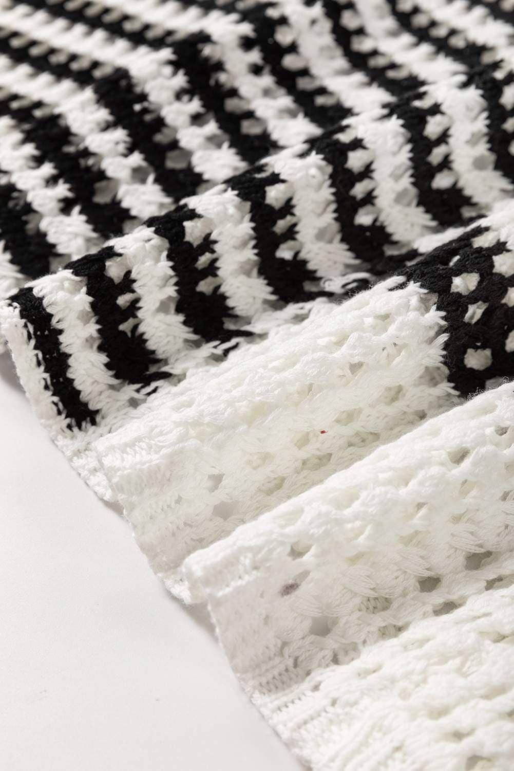 White Stripe Hollow-Out Openwork Knit Puff Sleeve Sweater