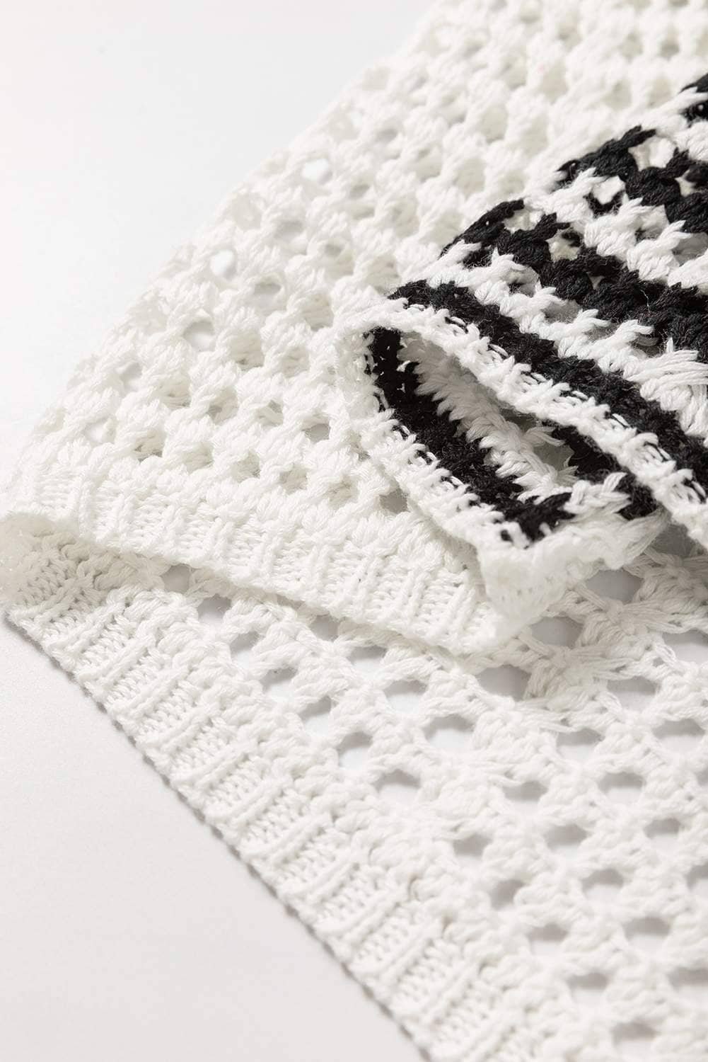 White Stripe Hollow-Out Openwork Knit Puff Sleeve Sweater