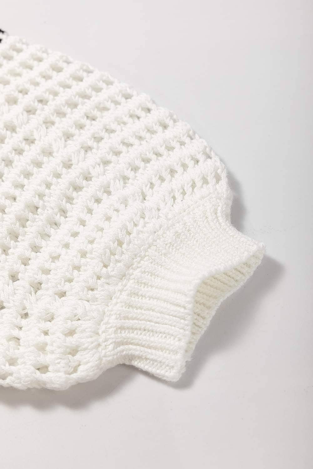 White Stripe Hollow-Out Openwork Knit Puff Sleeve Sweater