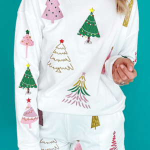 White Stripe Multi Christmas Tree Long Sleeve Top And Shorts 2Pcs Lounge Set
