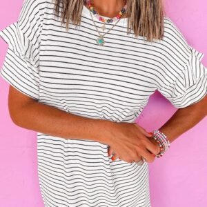 White Stripe Ruffled Short Sleeve Crew Neck T Shirt Shift Mini Dress