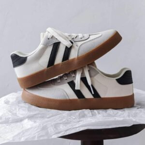 White Striped Lace-Up Flat Sneakers