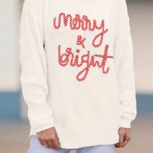 White Striped Merry Bright Letter Christmas Sweater