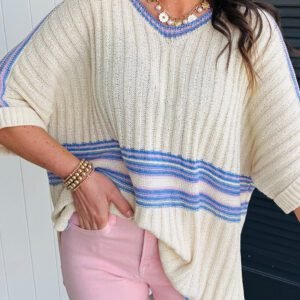 White Striped V Neck Dolman Sleeve Rib Knit Oversized Sweater With Slits