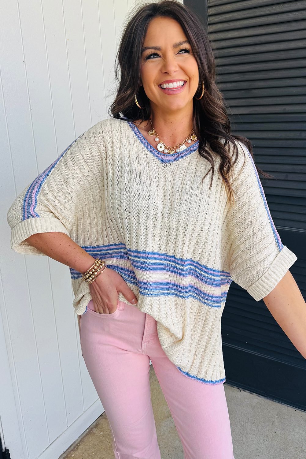 White Striped V Neck Dolman Sleeve Rib Knit Oversized Sweater With Slits