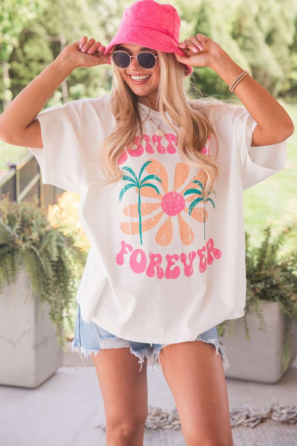 White Summer Forever Flower Graphic T Shirt