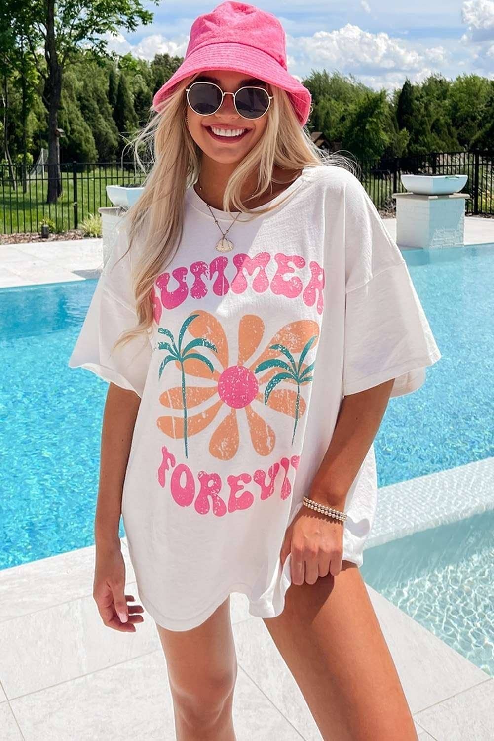 White Summer Forever Flower Graphic T Shirt