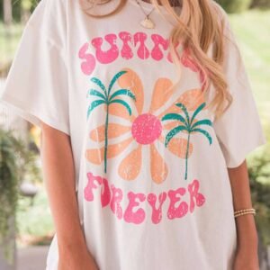 White Summer Forever Flower Graphic T Shirt