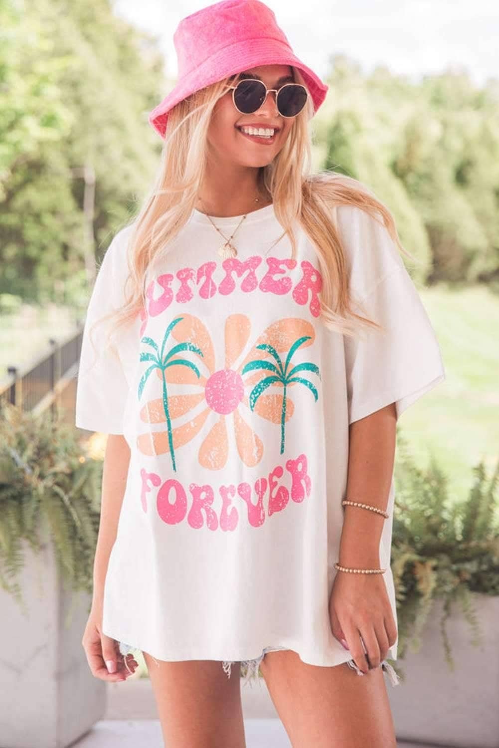 White Summer Forever Flower Graphic T Shirt