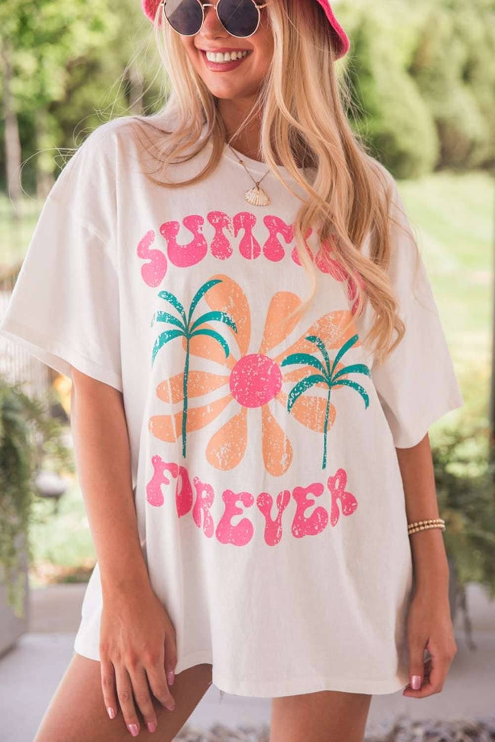 White Summer Forever Flower Graphic T Shirt