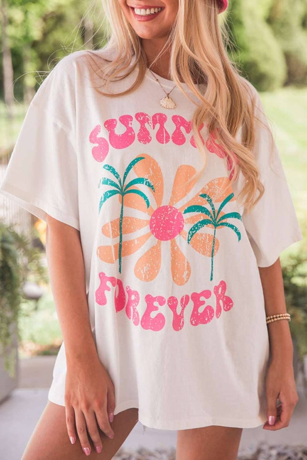 White Summer Forever Flower Graphic T Shirt