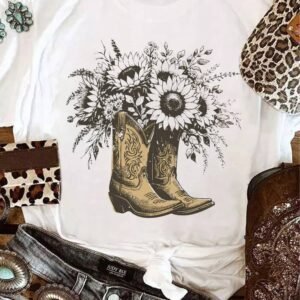White Sunflower Cowgirl Boots Cotton Blend Graphic Tee